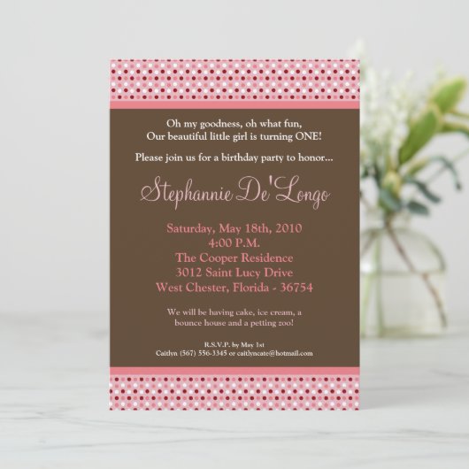 5x7ピンクスイートハート水玉模様誕生日招待状 招待状 (スタンド正面)