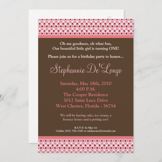 5x7ピンクスイートハート水玉模様誕生日招待状 招待状 (正面/裏面)