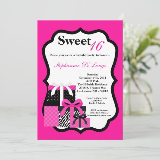 5x7ピンクゼブラプレゼント誕生日パーティーの招待状 招待状 (スタンド正面)