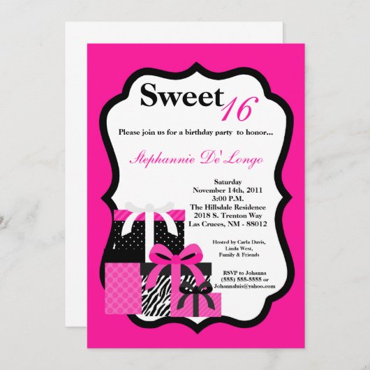 5x7ピンクゼブラプレゼント誕生日パーティーの招待状 招待状 (正面/裏面)