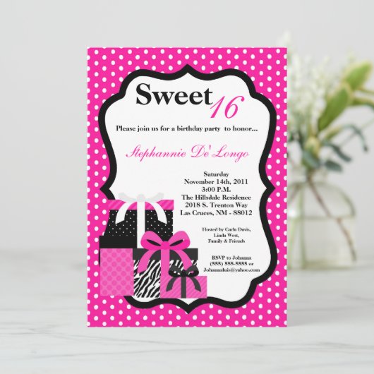 5x7ピンクゼブラプレゼント誕生日パーティーの招待状 招待状 (スタンド正面)