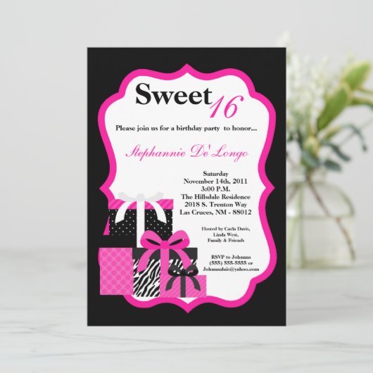 5x7ピンクゼブラプレゼント誕生日パーティーの招待状 招待状 (スタンド正面)