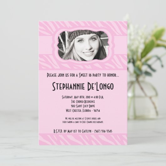 5x7ピンクゼブラPHOTO甘い16誕生日招待状 招待状 (スタンド正面)