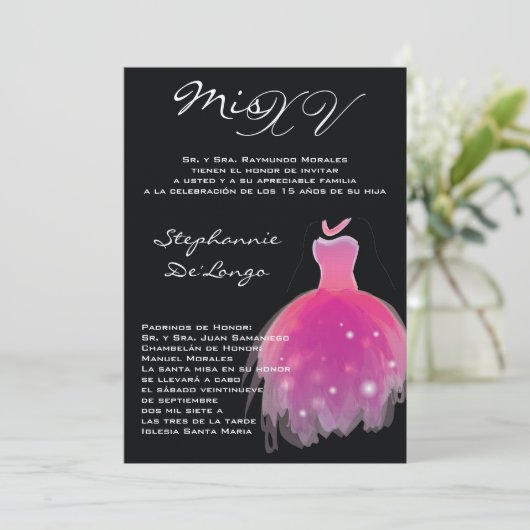 5x7ピンクドレスキンセアニェラ誕生日招待状 招待状 (スタンド正面)