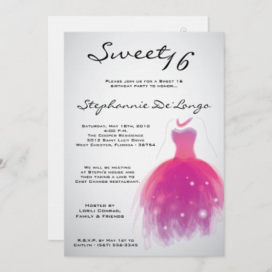 5x7ピンクドレススイート16誕生日招待状 招待状 (正面/裏面)