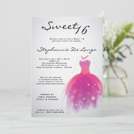 5x7ピンクドレススイート16誕生日招待状 招待状 (スタンド正面)