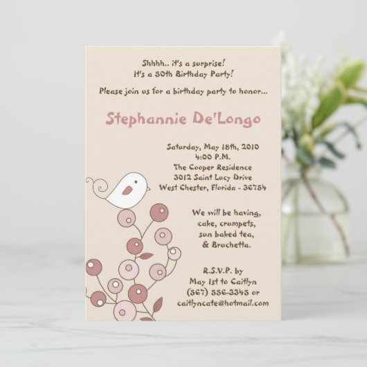 5x7ピンクバードレトロブッシュバースデーパーティーへの招待 招待状 (スタンド正面)