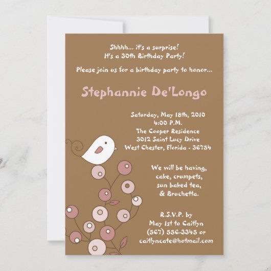 5x7ピンクバードレトロブッシュバースデーパーティーへの招待 招待状 (正面)