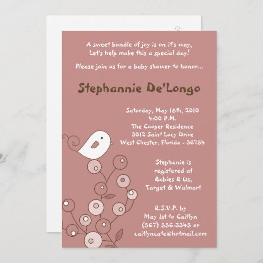 5x7ピンクバードレトロブッシュベビーシャワー招待状 招待状 (正面/裏面)
