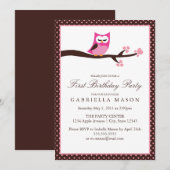 5x7ピンクフクロウ誕生日パーティー招待状 招待状 (正面/裏面)