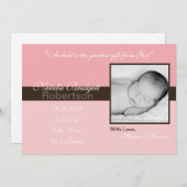 5x7ピンクブラウンバンドストリップ写真の誕生のお知らせ 案内状 (正面/裏面)