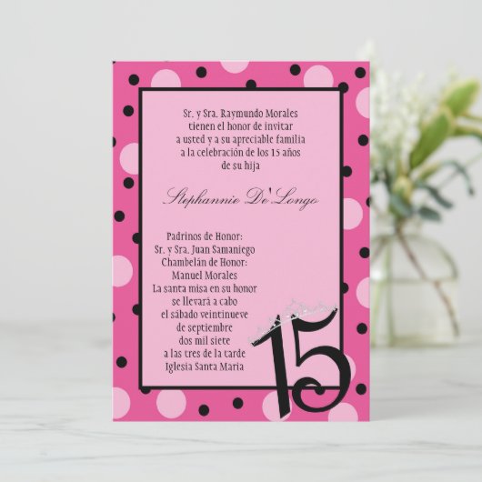 5x7ピンクポルカキンセアニェラパーティの招待状 招待状 (スタンド正面)