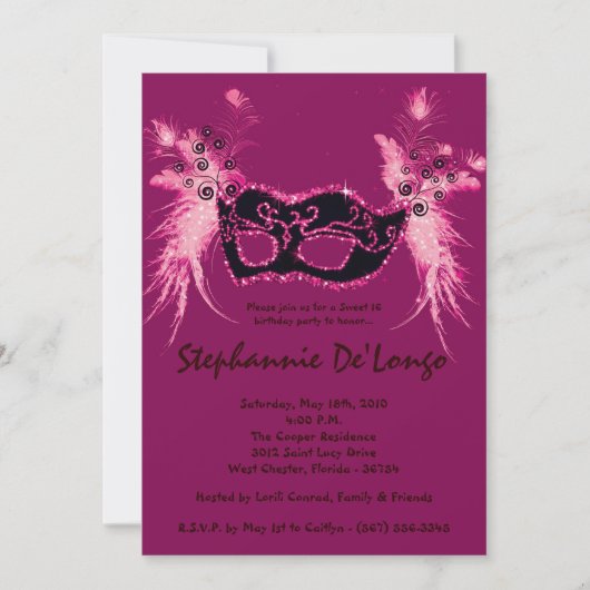 5x7ピンクマスカレードスイート16誕生日招待状 招待状 (正面)