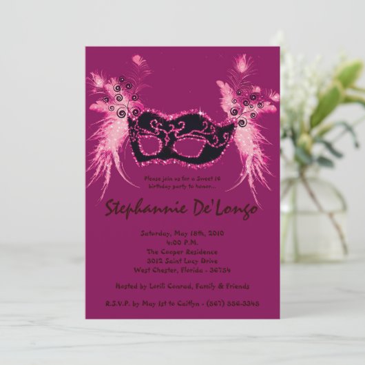 5x7ピンクマスカレードスイート16誕生日招待状 招待状 (スタンド正面)