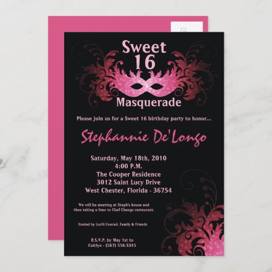 5x7ピンクマスカレードスウィート16誕生日招待状 招待状 (正面/裏面)