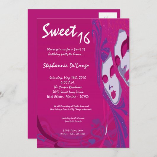 5x7ピンクマスカレードスウィート16誕生日招待状 招待状 (正面/裏面)