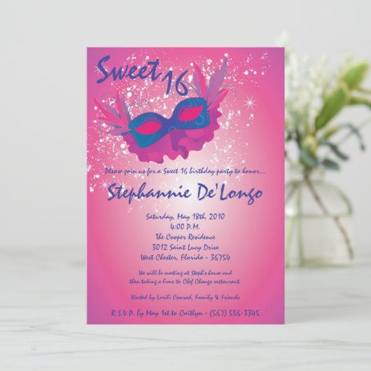 5x7ピンクマスカレードスウィート16誕生日招待状 招待状 (スタンド正面)