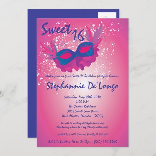 5x7ピンクマスカレードスウィート16誕生日招待状 招待状 (正面/裏面)