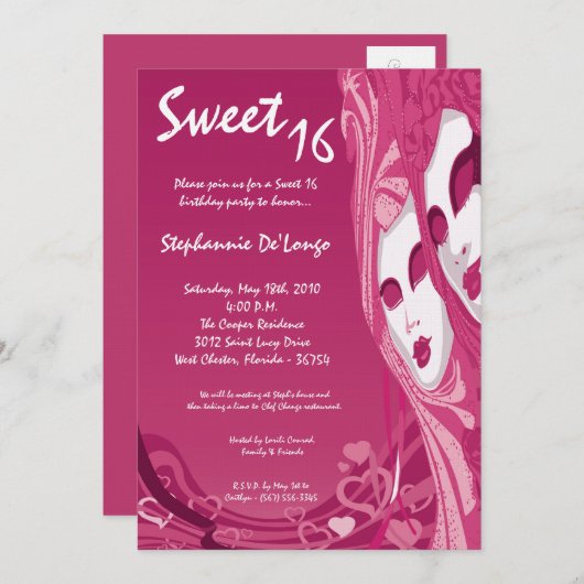 5x7ピンクマスカレードスウィート16誕生日招待状 招待状 (正面/裏面)