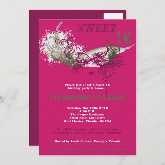 5x7ピンクマスカレードスウィート16誕生日招待状 招待状 (正面/裏面)