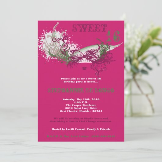 5x7ピンクマスカレードスウィート16誕生日招待状 招待状 (スタンド正面)