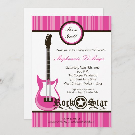 5x7ピンクロガーリーックギターベビーシャワー招待状 招待状 (正面/裏面)