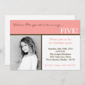 5x7ピンク四角写真誕生日パーティーの招待 招待状 (正面/裏面)