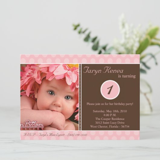 5x7ピンク水玉模様の誕生日パーティーの招待 招待状 (スタンド正面)