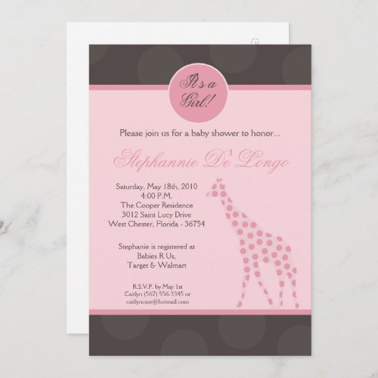 5x7ピンク水玉模様キリンベビーシャワー招待状 招待状 (正面/裏面)