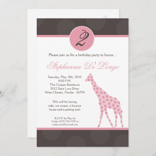 5x7ピンク水玉模様キリン誕生日パー招待状 招待状 (正面/裏面)