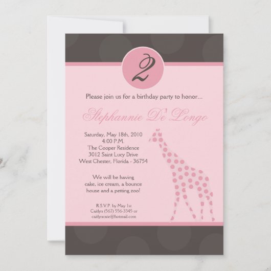 5x7ピンク水玉模様キリン誕生日パー招待状 招待状 (正面)