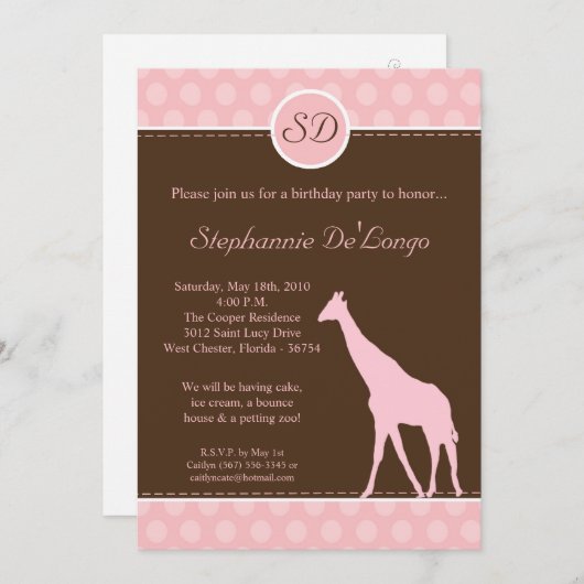 5x7ピンク水玉模様キリン誕生日パー招待状 招待状 (正面/裏面)