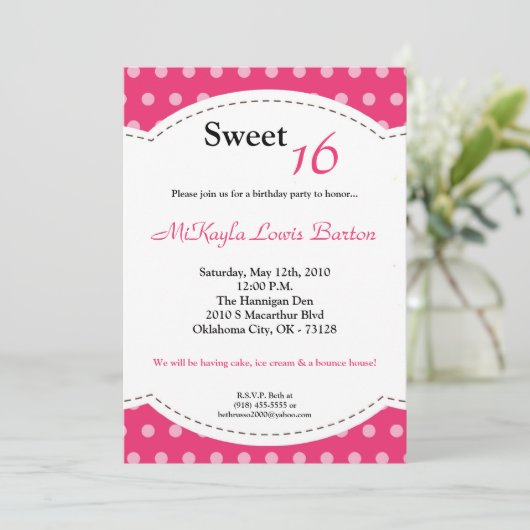 5x7ピンク水玉模様スイート16誕生日招待状 招待状 (スタンド正面)