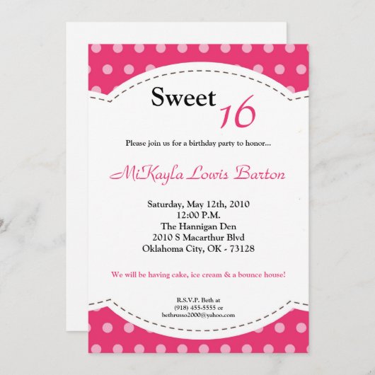 5x7ピンク水玉模様スイート16誕生日招待状 招待状 (正面/裏面)