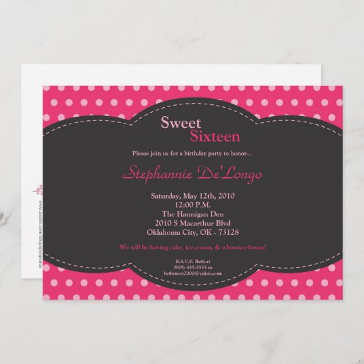 5x7ピンク水玉模様スイート16誕生日招待状 招待状 (正面/裏面)