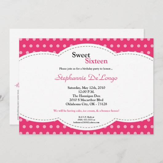 5x7ピンク水玉模様スイート16誕生日招待状 招待状 (正面/裏面)