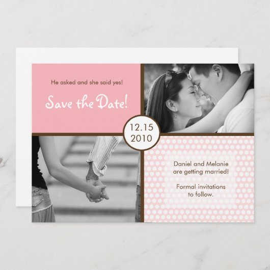 5x7ピンク水玉模様フォトセーブ・ザ・デート案内 招待状 (正面/裏面)