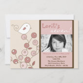 5x7ピンク鳥の写真の誕生日パーティーの招待 招待状 (正面)