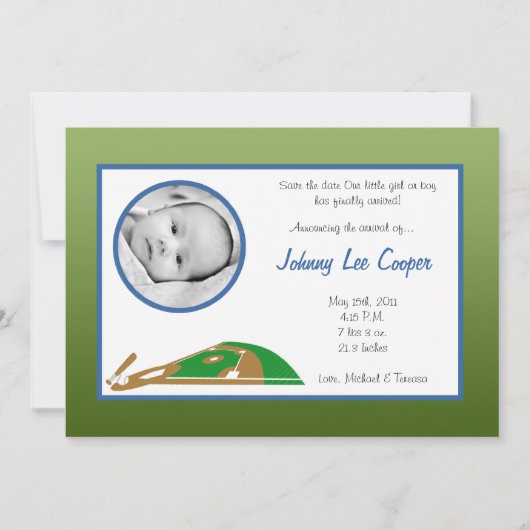 5x7フォトスポーツのベースボール誕生の発表 招待状 (正面)