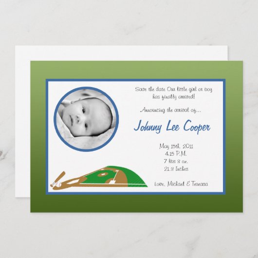 5x7フォトスポーツのベースボール誕生の発表 招待状 (正面/裏面)