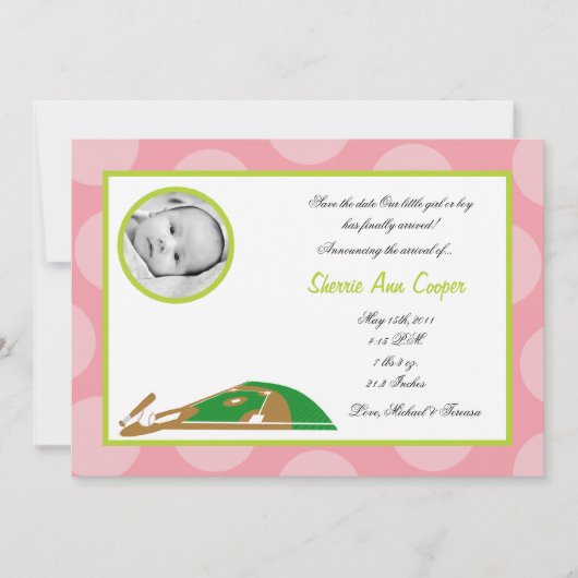 5x7フォトスポーツソフトボール誕生の発表 招待状 (正面)