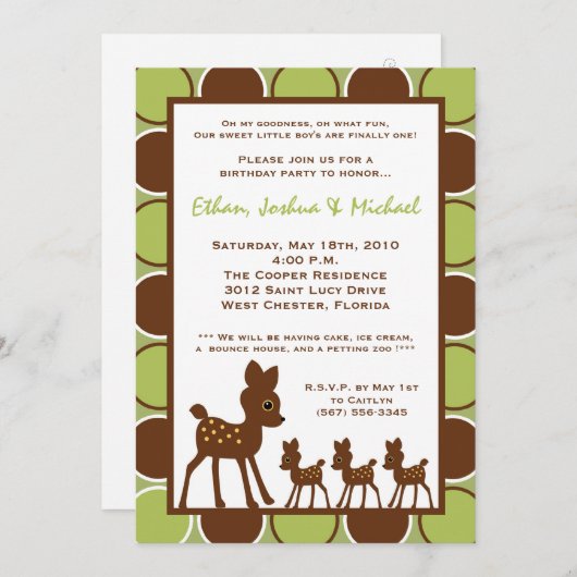 5x7フォレスト三重項ベビー誕生日部品招待状 招待状 (正面/裏面)