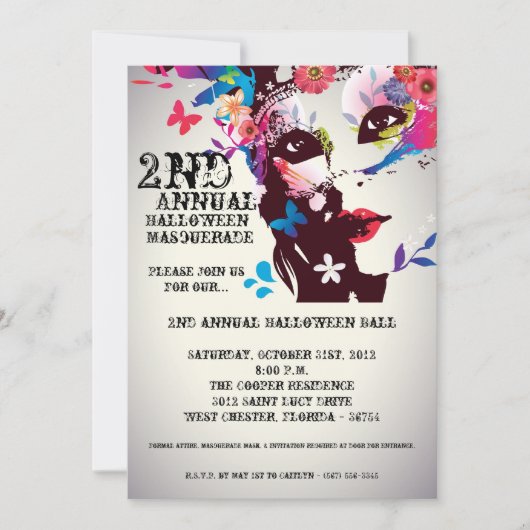 5x7フローラマスカレードハロウィン招待状 招待状 (正面)