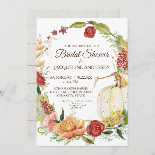 5x7ブライダルシャワー秋フローラリースホワイトパンプキン 招待状 (正面/裏面)