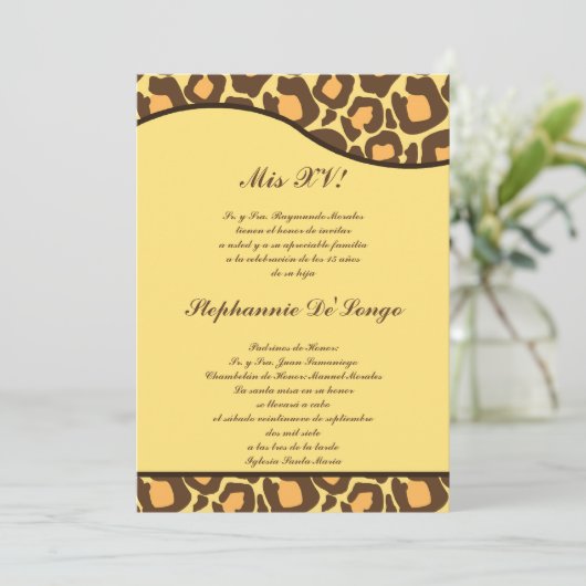 5x7ブラウンイエローレオパードキンセアニェラパーティー招待状 招待状 (スタンド正面)