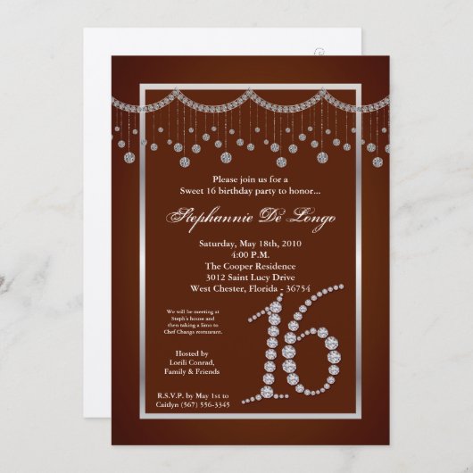 5x7ブラウンダイヤモンドスイート16誕生日招待状 招待状 (正面/裏面)