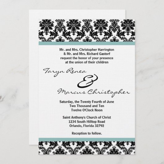 5x7ブラックダマスクブルーリネン結婚式の招待 招待状 (正面/裏面)
