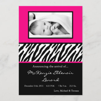 5x7ブラックホットピンクゼブラPHOTO誕生発表 案内状