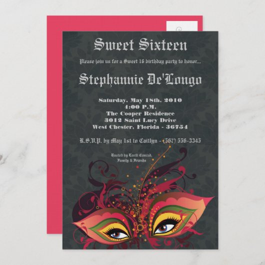 5x7ブラックマスカレードスウィート16誕生日招待状 招待状 (正面/裏面)