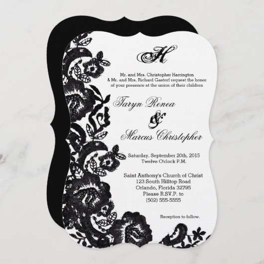 5x7ブラックレースダマスクアンティーク結婚式招待状 招待状 (正面/裏面)